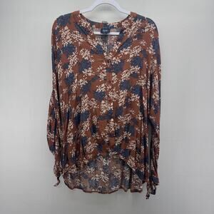 Daytrip Brown Blue Floral High Low Button Front Blouse